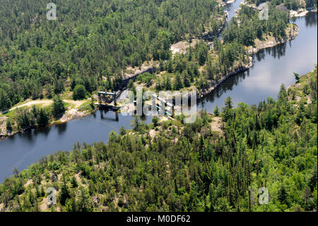 An aerial photograph of the old Chaudiere dam on the French River Stock Photo