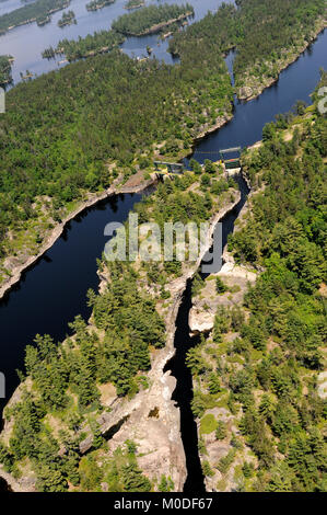 An aerial photograph of the old Chaudiere dam on the French River Stock Photo