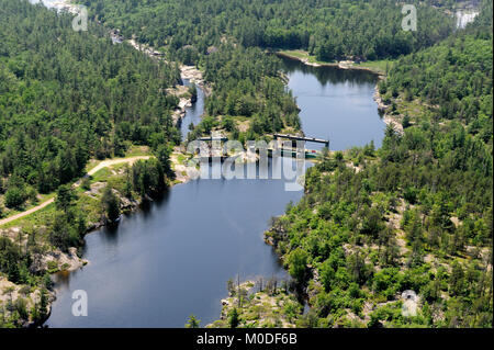 An aerial photograph of the old Chaudiere dam on the French River Stock Photo