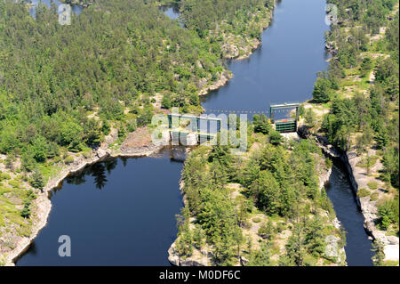 An aerial photograph of the old Chaudiere dam on the French River Stock Photo