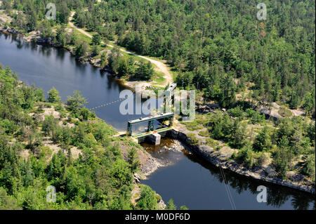 An aerial photograph of the old Chaudiere dam on the French River Stock Photo