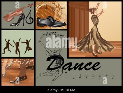 set for dance with people, music and notes Stock Vector
