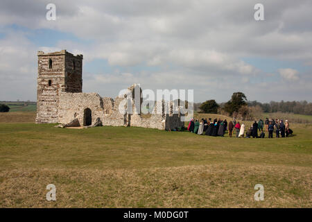 Knowlton medieval Norman Church ruin where a pagan circle celebrates the spring equinox, Cranborne,  Dorset, England Stock Photo