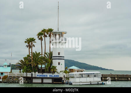 San Fransisco, APR 17: Forbes Island and lighthouse in the fisherman's Wharf on APR 17, 2017 at San Francisco, California Stock Photo