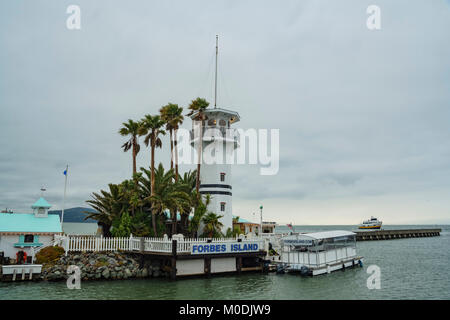 San Fransisco, APR 17: Forbes Island and lighthouse in the fisherman's Wharf on APR 17, 2017 at San Francisco, California Stock Photo