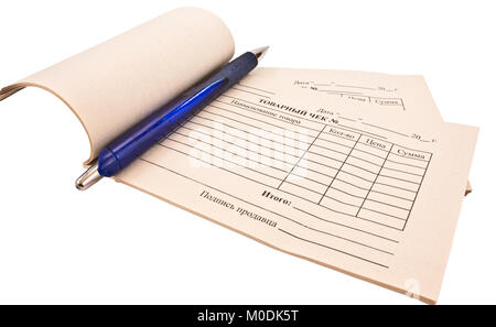 Empty form of commodity check and ball-point pen on a white background Stock Photo