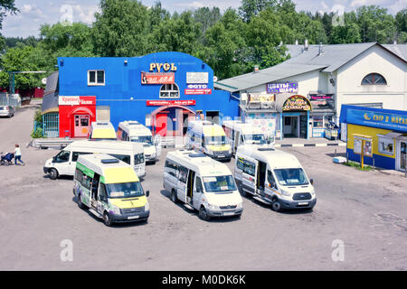 FRYAZEVO, RUSSIA - June 12.2017: Parking of fixed-route taxis at the station square of the railway station and the village of Fryazevo Stock Photo