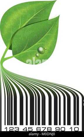 Conceptual ecological illustration barcode with green leafs and drops. Vector. Stock Vector