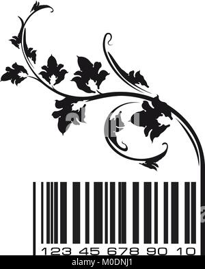 Conceptual ecological illustration barcode with floral branch. Vector. Stock Vector