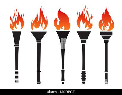 Set of five vector torches with fire Stock Vector