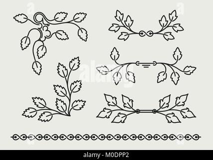 Set of six vector floral elements with leaves in mono line style Stock Vector