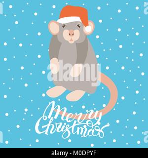 mouse in santa hat vector illustration flat style profile side Stock Vector