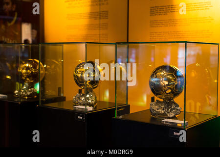 BARCELONA, SPAIN - 12 JANUARY 2018: The museum of trophies of the cups and awards of the team FC Barcelona in the of Camp Nou. Stock Photo