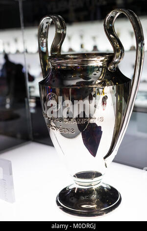 BARCELONA, SPAIN - 12 JANUARY 2018: The museum of trophies of the cups and awards of the team FC Barcelona in the of Camp Nou. Stock Photo