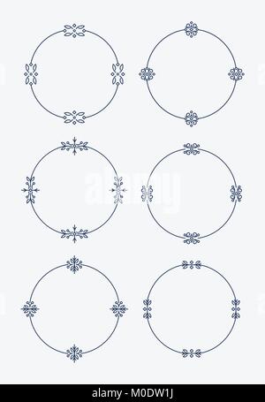 Set of 6 thin round decorative frames in monoline style with round cornres Stock Vector