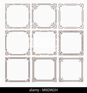 Set of 9 stylish rich decorated square decorative frames in mono line style with rounded corners Stock Vector