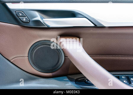 Door handle inside the car, Button locking doors Stock Photo