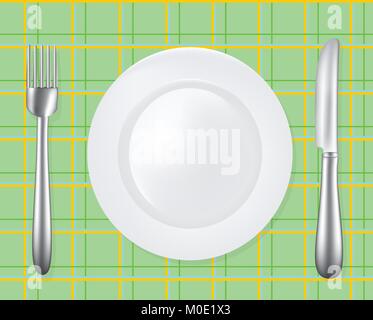 Empty plate with fork and knife on picnic tablecloth, vector Stock Vector