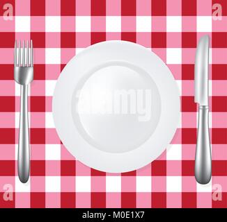 Empty plate with fork and knife on picnic tablecloth, vector Stock Vector