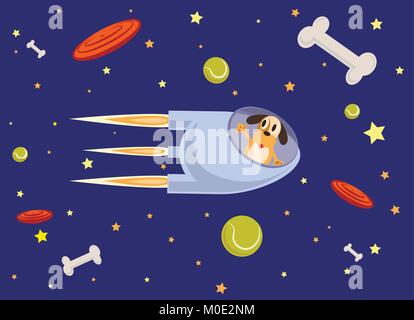 rocket and dog fly into space, flat style. Stock Vector