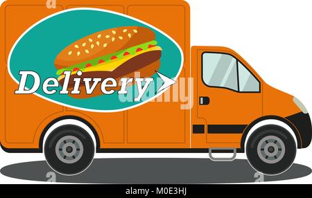 Orange delivery truck side view burger poster Stock Vector