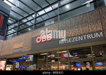 Vienna, Austria - December 2017: OBB ticket service center at the main railway station in Vienna. OBB, The Austrian Federal Railways, is the national Stock Photo