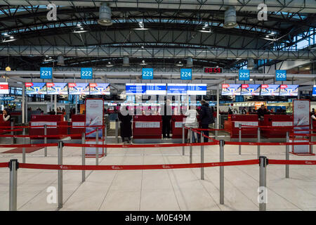 Prague, Czech Republic - December 2017: Czech Airlines check-in counter area at Prague Vaclav Havel Airport formerly known as Ruzyne. Czech Airlines i Stock Photo