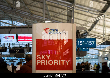 Prague, Czech Republic - December 2017: Czech Airlines check-in counter area at Prague Vaclav Havel Airport formerly known as Ruzyne. Czech Airlines i Stock Photo