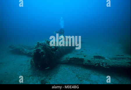 Scuba diver at a american fighter plane, P 47 Thunderbolt, shot down at 2nd world war, Corse, France, Mediterranean sea, Europe Stock Photo