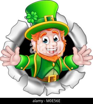 A cartoon Leprechaun St Patricks Day character peeking over a pot of gold  and waving Stock Photo - Alamy