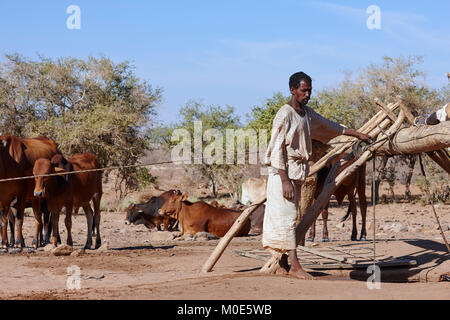 Man fetching water from a well near Naqa, Sudan (North Sudan), Africa Stock Photo
