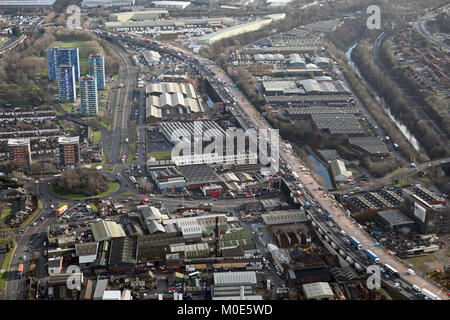 aerial view of roadworks & traffic on the M5 at Kenrick Way, West Browmwich, Birmingham, UK Stock Photo