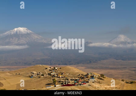 Mount Ararat with its two peaks and a kurdish village, in Turkey. Stock Photo