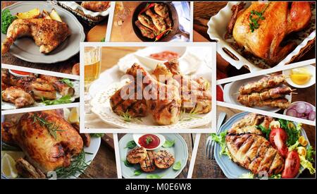 Collage of chicken meals . Set from various kinds of restaurant menu dishes Stock Photo