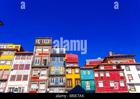 Famous Colorful Houses at Ribeira District in Portugal. Stock Photo