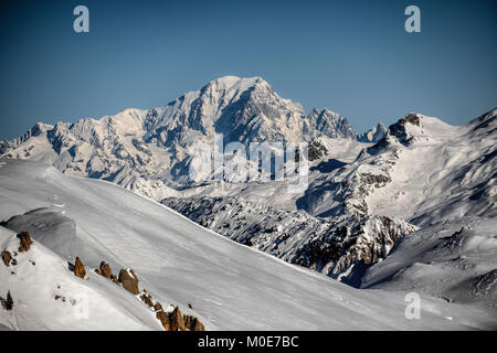 The south face of Mont Blanc taken from Courchevel, France in winter. Stock Photo