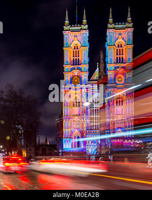 London, United Kingdom. 20th Jan, 2018. London bus drives across Westminster Abbey during Lumiere London 2018 in London, United Kingdom. Credit: Yuhe Lim/Alamy Live News. Stock Photo