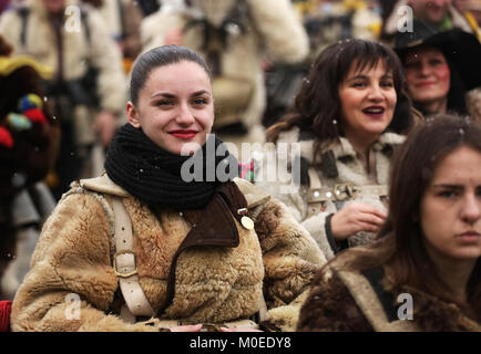 Breznik, Bulgaria - January 20, 2018: Festival of the Masquerade Games Surova in Breznik, Bulgaria. Unidentified girl with traditional Kukeri costume are seen at the Festival of the Masquerade Games. Photo taken on: January 20th, 2018 Credit: Emil Djumailiev djumandji/Alamy Live News Stock Photo