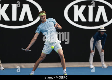 Australia. 20th Jan, 2018. German tennis player Alexander Zverev is in action during his 3rd round match at the Australian Open vs Korean tennis player Hyeon Chung on Jan 20, 2018 in Mebourne, Australia. (Photo by YAN LERVAL/AFLO) Credit: Aflo Co. Ltd./Alamy Live News