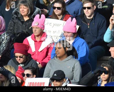 Denver, USA. 20th Jan, 2018. Womans march in Denver, Colorado on Jan 20, 2018 is for solidarity for socail justice, human rights and equality for women and all marginalized people nationwide. Women wearing their vagnia hats at the march. Credit: Jim Lambert/Alamy Live News Stock Photo