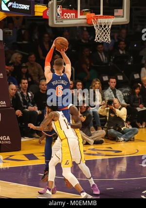 Los Angeles, CA, USA. 21st Jan, 2018. New York Knicks forward Kristaps Porzingis (6) shooting during the New York Knicks vs Los Angeles Lakers at Staples Center on January 21, 2018. (Photo by Jevone Moore) Credit: csm/Alamy Live News Stock Photo