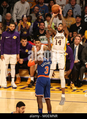 Los Angeles, CA, USA. 21st Jan, 2018. Los Angeles Lakers forward Brandon Ingram (14) shooting over New York Knicks forward Tim Hardaway Jr. (3) during the New York Knicks vs Los Angeles Lakers at Staples Center on January 21, 2018. (Photo by Jevone Moore) Credit: csm/Alamy Live News Stock Photo