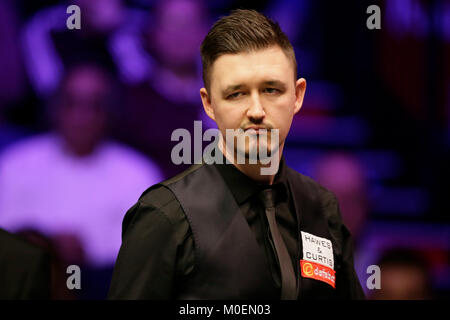 London, UK. 21st Jan, 2018. Kyren Wilson of England reacts during the final match against Mark Allen of Northern Ireland at Snooker Masters 2018 at the Alexandra Palace in London, Britain on Jan. 21, 2018. Mark Allen won 10-7. Credit: Tim Ireland/Xinhua/Alamy Live News Stock Photo