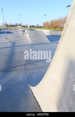 public skatepark in harwich, essex. For bikes, scooters and skateboards. Concrete. Stock Photo