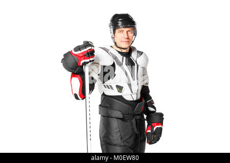 Smiling hockey player in safety gear isolated on white background. Stock Photo