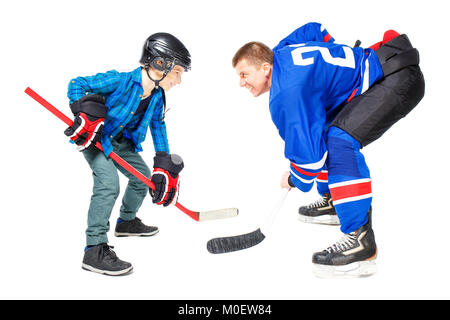 Concept ice hockey game players isolated on white background. Man and boy playing game Stock Photo