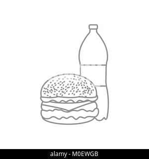 Burger and bottle of soda water. Harmful eating habits. Design for banner and print. Stock Vector