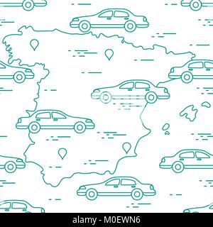 Pattern with cars and map of Spain. Travel and leisure. Design for announcement, advertisement, banner or print. Stock Vector