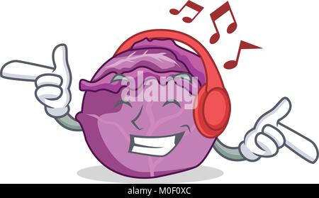 Listening music red cabbage mascot cartoon Stock Vector