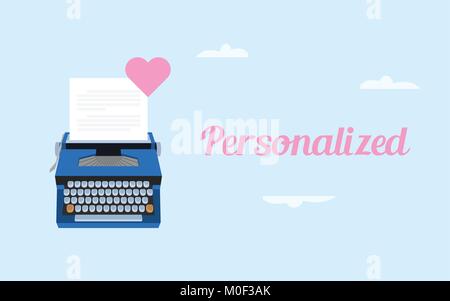 get personalized love letter illustration with white paper and typing machine and pink love symbol Stock Vector